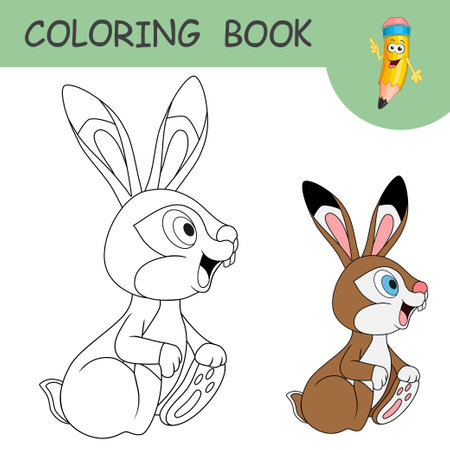 Coloring book with cartoon Hare smiling. Side view of hare with long ears. Colorless and color samples of cartoon Rabbit. Template of coloring page or practice worksheet for kids. spring holiday.のイラスト素材