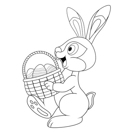 Easter Hare carrying basket full of decorated Eggs. side view. Template of coloring book with colorless cartoon Rabbit for kids. Practice worksheet or Anti-stress page. Logic outline education gameのイラスト素材
