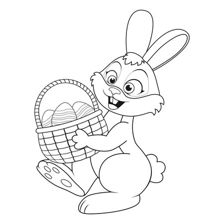 Easter Rabbit carrying basket full of decorated Eggs. side view. Template of coloring book with colorless cartoon Rabbit. Practice worksheet or Anti-stress page for kids. Logic outline education gameのイラスト素材