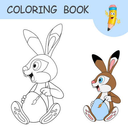Coloring book with little Easter Hare painter. Colorless and color samples with cartoon smiling Rabbit holding and painting Easter egg. Template of coloring page or practice worksheet for kidsのイラスト素材