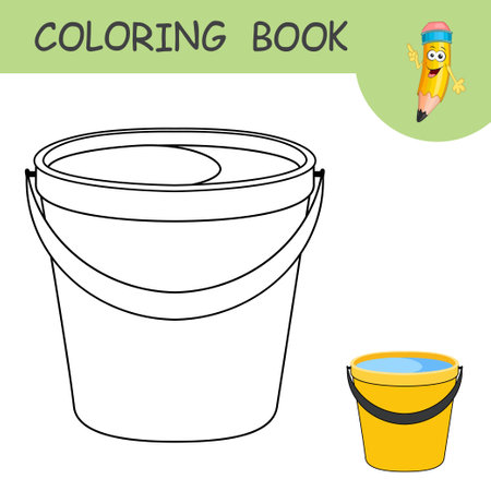 cartoon bucket filled with water. Template of colorless and color samples water pail on coloring page. Practice worksheet with bucket of water for garden or cleaning house. Coloring book for kidsのイラスト素材
