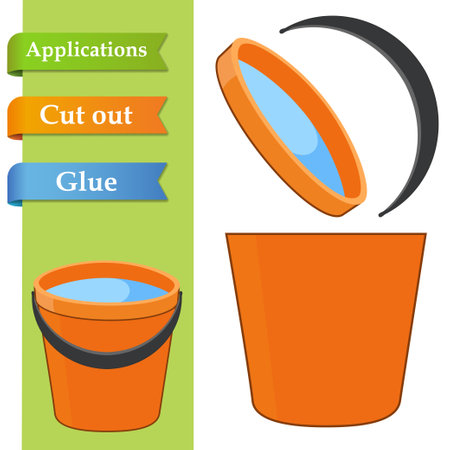 Create paper application the cartoon buckets of water. Use scissor cut parts of plastic pail and glue on the paper. Easy level. Education logic game for baby or kids to help with cutting and stickingのイラスト素材