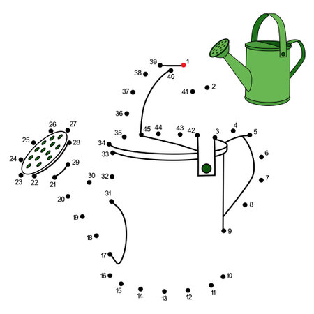 Dot to dot game with cartoon Watering Can. Connect the dots by numbers and finish picture. Education game with answer for kids. Coloring Page with cute garden inventory. practice counting to 45のイラスト素材