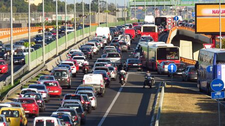 Belgrade, Serbia, September 13, 2019. Traffic jam at rush hour on highway E-75.のeditorial素材