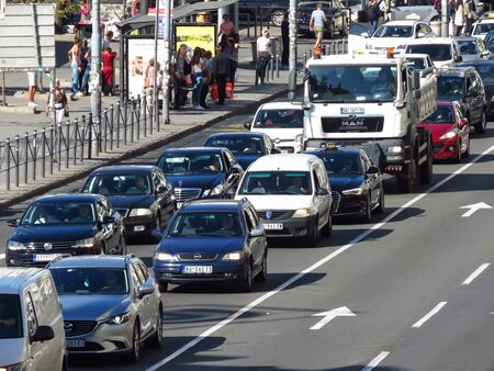 Belgrade, Serbia, October 1, 2019. Traffic jam at rush hour in downtown.のeditorial素材