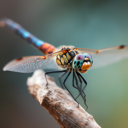 a close up of a dragonfly on a stickの素材