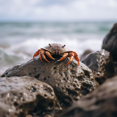a crab sitting on top of a rock on a beachの素材
