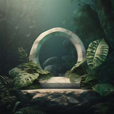 empty stone podium with nature tropical leavesの素材