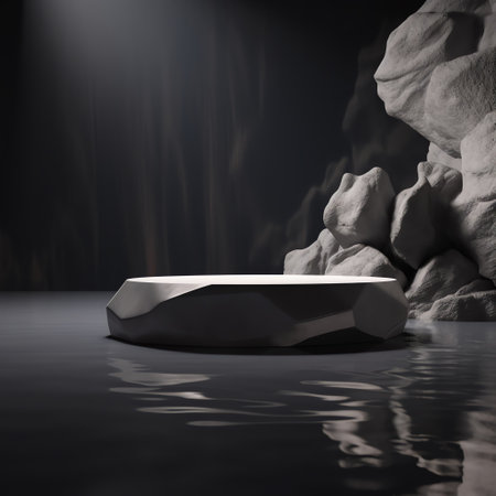 product presentation mockup with rocks and water empty podium on black backgroundの素材
