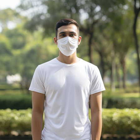 a man with face mask in a white t shirtの素材