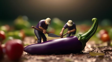 a miniature workers working on eggplantの素材