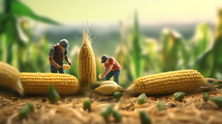 a miniature workers working on cornの素材