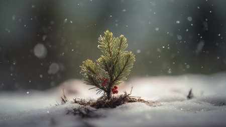 small christmas tree sitting in the snowの素材