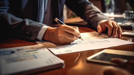 a business person writing on a piece of paperの素材