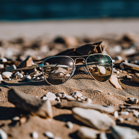 a pair of sunglasses sitting on top of a sandy beachの素材