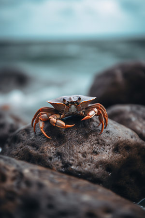 a crab sitting on top of a rock on a beachの素材