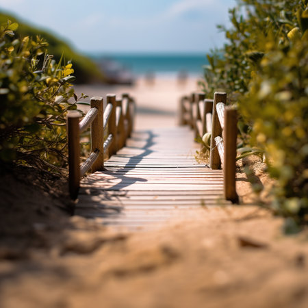 a wooden walkway leading to the beach on a sunny dayの素材
