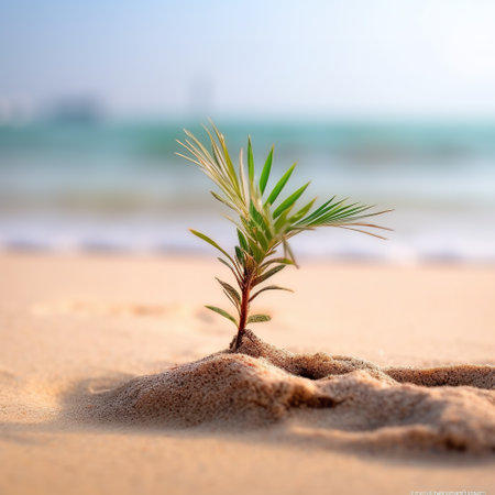 a small palm tree sitting in the sand beachの素材