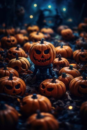 a pumpkin with glowing eyes surrounded by pumpkinsの素材