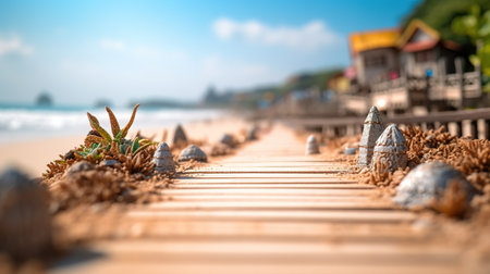 a wooden walkway leading to the beach on a sunny dayの素材