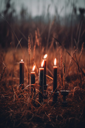 a group of lit candles sitting on top of a fieldの素材