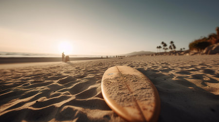 a surfboard on sand at the beachの素材