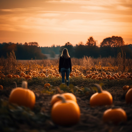 a person standing in a field of pumpkinsの素材
