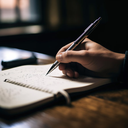 a person holding a pen and writing on a notebookの素材