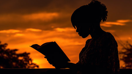 a silhouette of a person reading a bookの素材