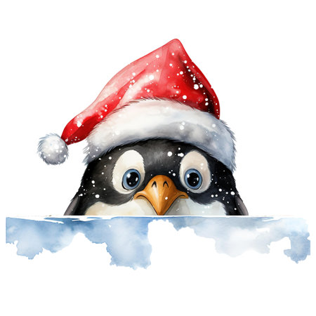 A festive penguin with a Santa hat. Perfect for holiday greeting cards, winter-themed designs, Christmas illustrations, and seasonal marketing materials.の素材