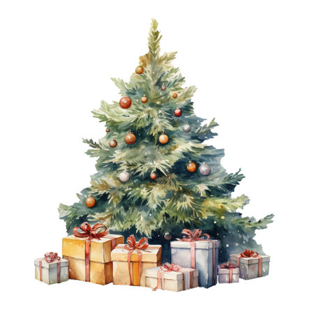 A festive Christmas tree surrounded by colorful presents, perfect for holiday greeting cards, seasonal social media posts, and winter-themed designs.の素材