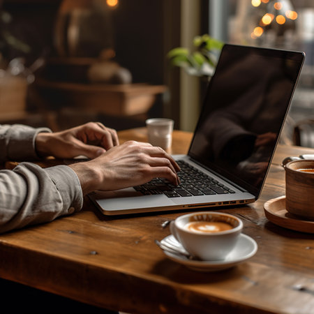 a person sitting at a table with a laptop and a cup of coffeeの素材
