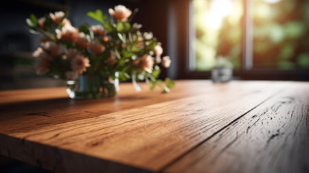 Wooden table in blurred vintage sceneの素材