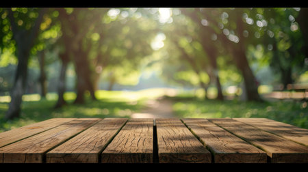 Empty Wooden Deck in Park Backgroundの素材