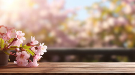 Empty Wooden Table in Pink Cherry Blossoms backgroundの素材