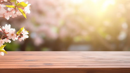 Empty Wooden Table in Pink Cherry Blossoms backgroundの素材