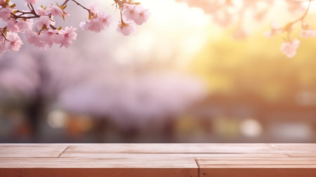 Empty Wooden Table in Pink Cherry Blossoms backgroundの素材