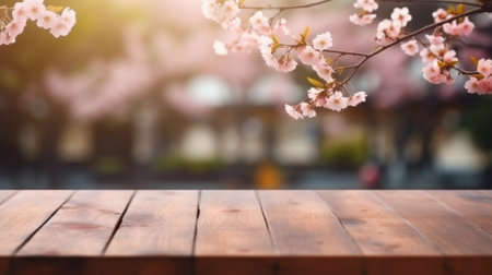 Empty Wooden Table in Pink Cherry Blossoms backgroundの素材