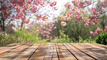 Empty Wooden Table in Pink Cherry Blossoms backgroundの素材