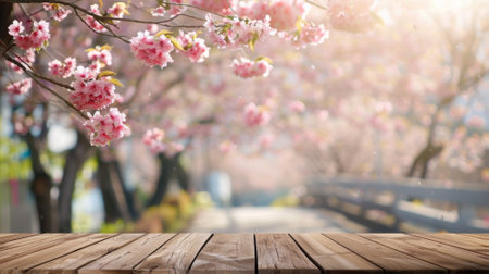 Empty Wooden Table in Pink Cherry Blossoms backgroundの素材