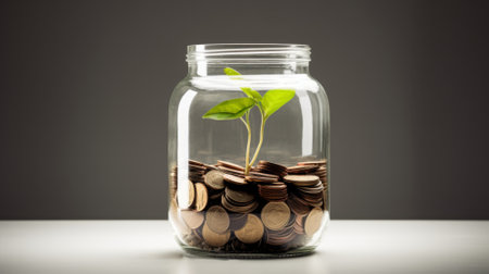 Plant growing in Coins glass jar for money saving and investment financial, concept for business, innovation, growth and moneyの素材