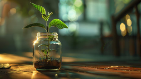 Plant growing in Coins glass jar for money saving and investment financial, concept for business, innovation, growth and moneyの素材