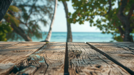 Empty Wooden Table in Tropical Beach Viewの素材