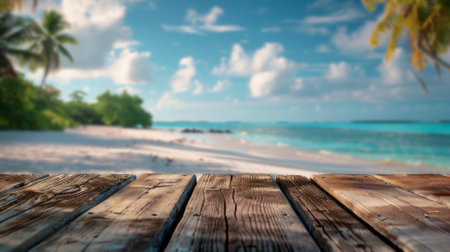 Empty Wooden Table in Tropical Beach Viewの素材