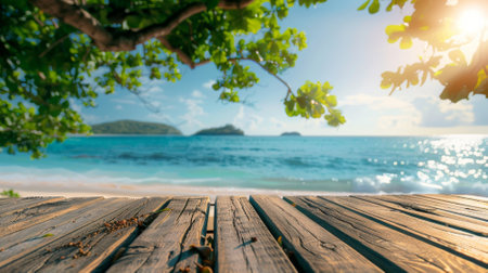 Empty Wooden Table in Tropical Beach Viewの素材