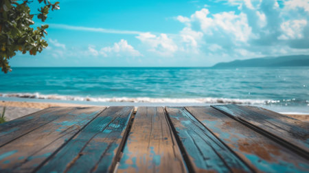 Empty Wooden Table in Tropical Beach Viewの素材