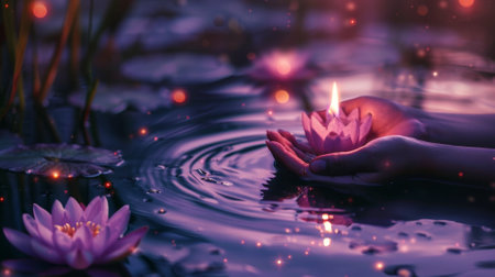 Glowing lotus in gentle handsの素材