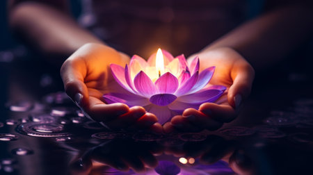 Glowing lotus in gentle handsの素材