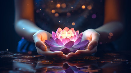 Glowing lotus in gentle handsの素材