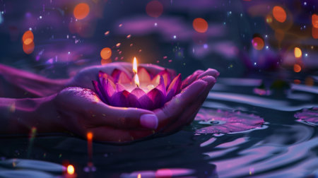 Glowing lotus in gentle handsの素材